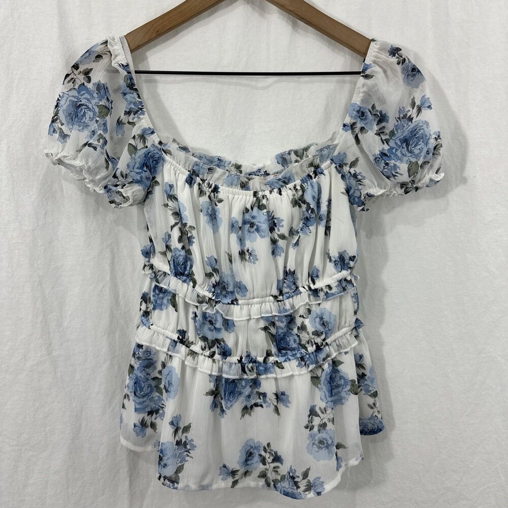 Mi Ami Francescas Blue White Floral Babydoll Milkmaid Coquette Top Womens Sz S
